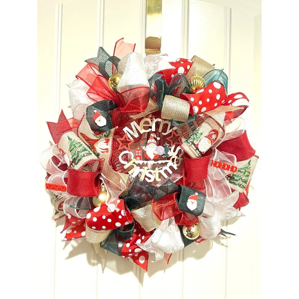 Handmade 13 inch Merry Christmas Gnome Ribbon Wreath MW4